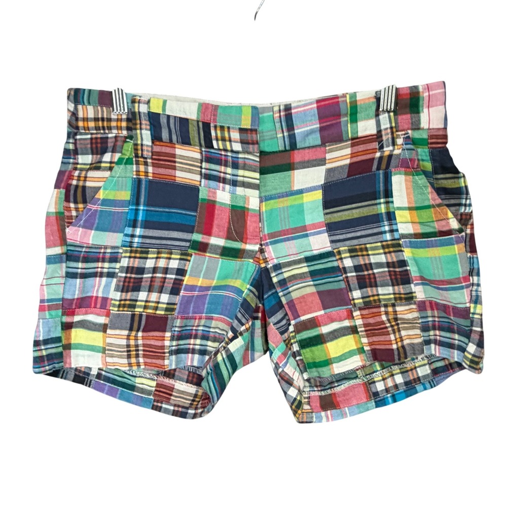 J Crew City Fit Patchwork Madras Shorts Womens 2 Blue Green Plaid Casual Chic - Picture 2 of 12